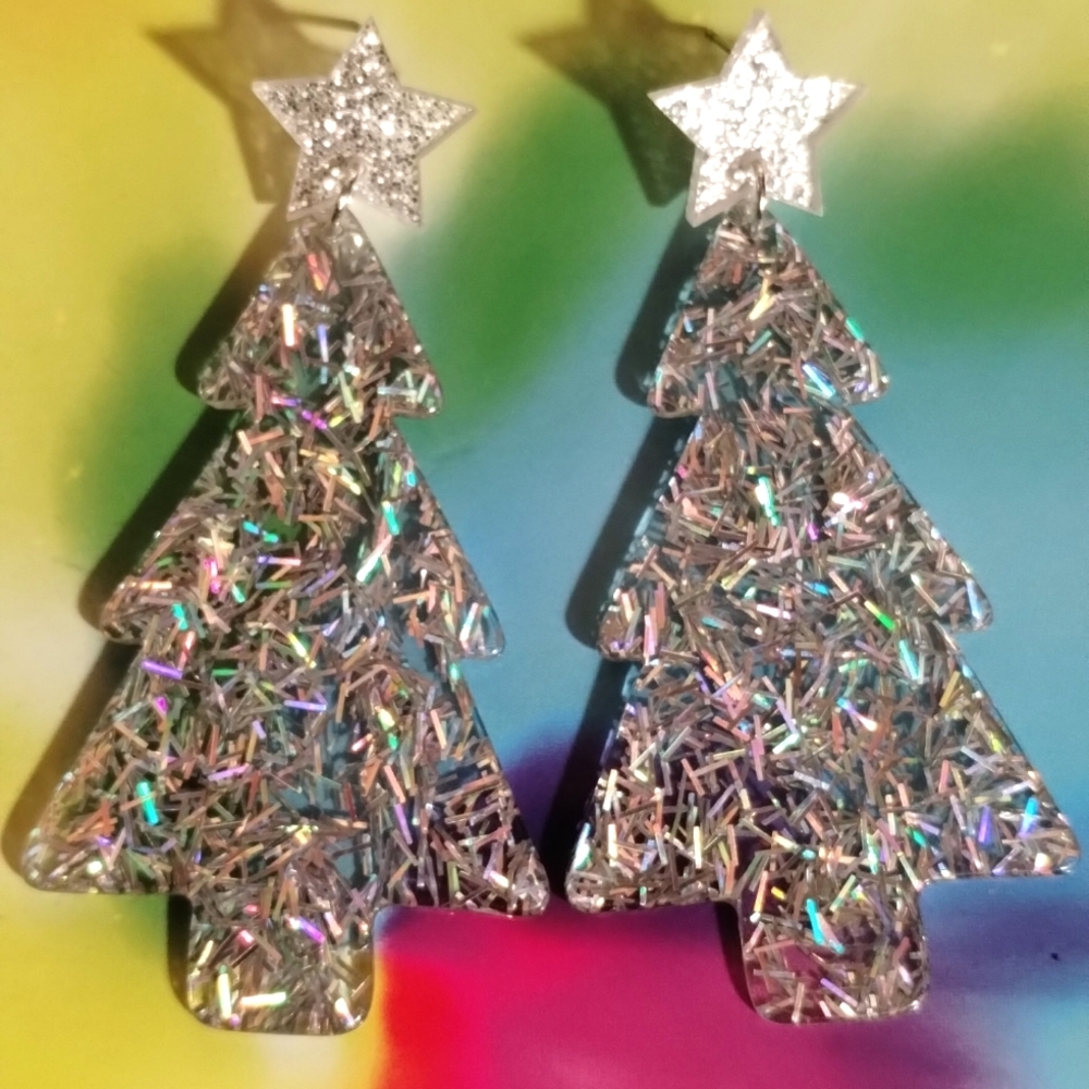 Silver iridescent glitter confetti Christmas tree earrings